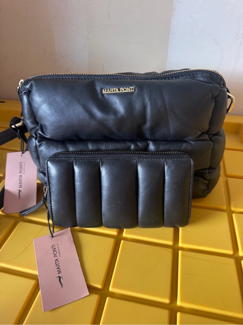 Marta Ponti Black Leather Crossbody & Matching Wallet NWT